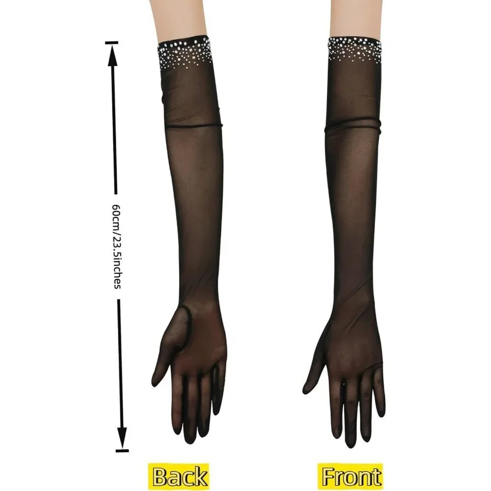 Women's Sexy Pearl Beaded Light Lvory Long Gloves Tulle Mesh Wedding Party Prom